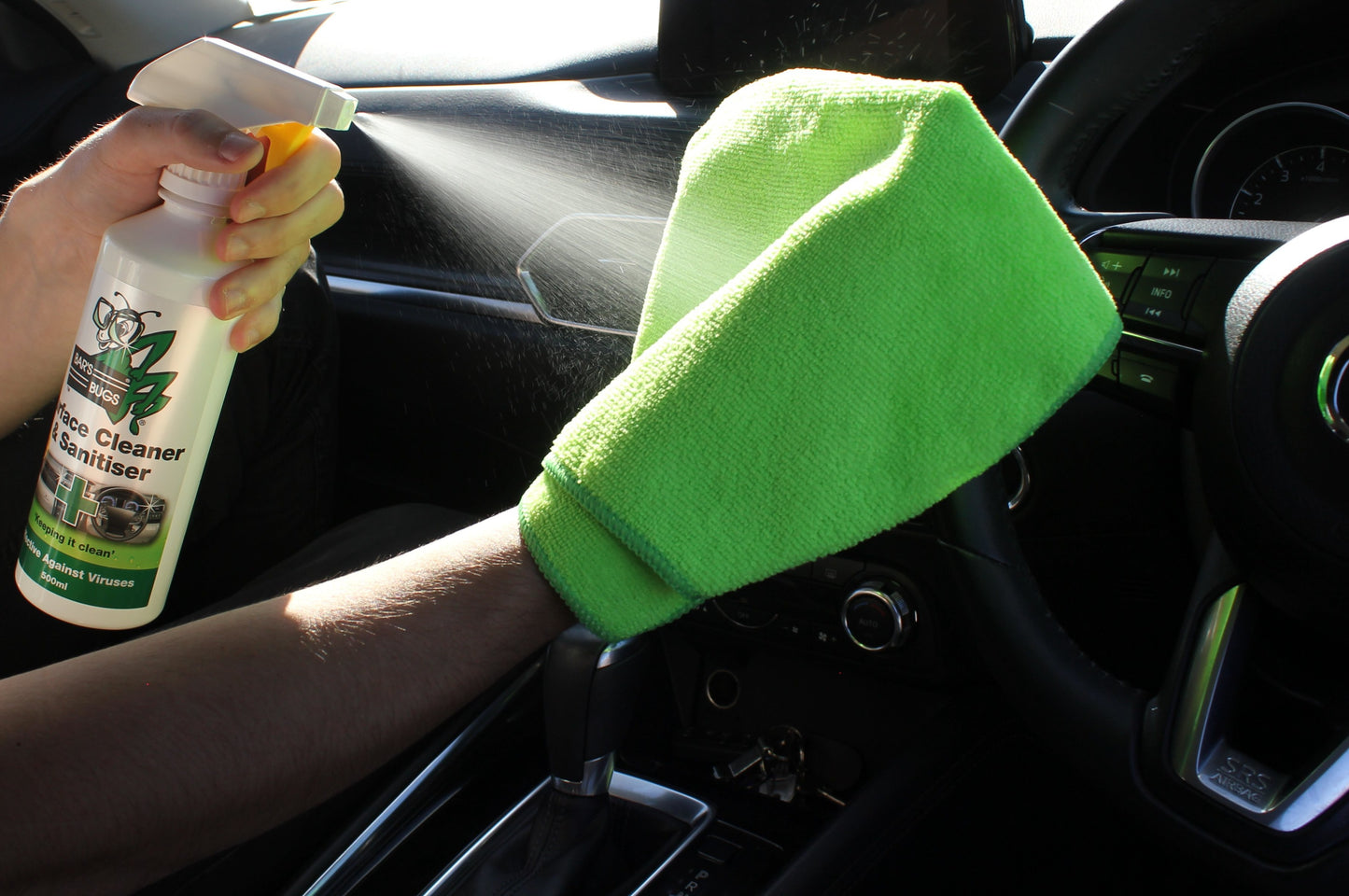 Surface Cleaner and Sanitiser Spray Demonstration Automotive Interior